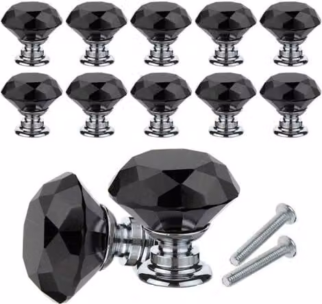Set de 10 tiradores de cristal ULISEM con forma de diamante en color negro para puertas, cajones y armarios, incluye tornillos