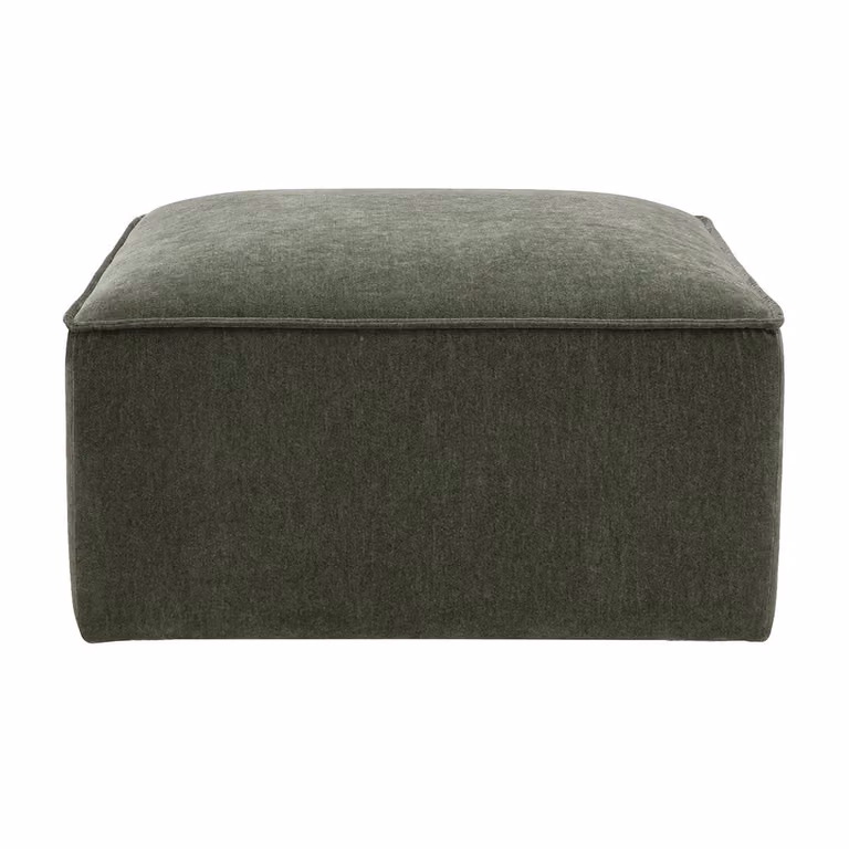 Puff Miliboo de tela efecto terciopelo en color verde y beige con diseño moderno de cubo para tu salón