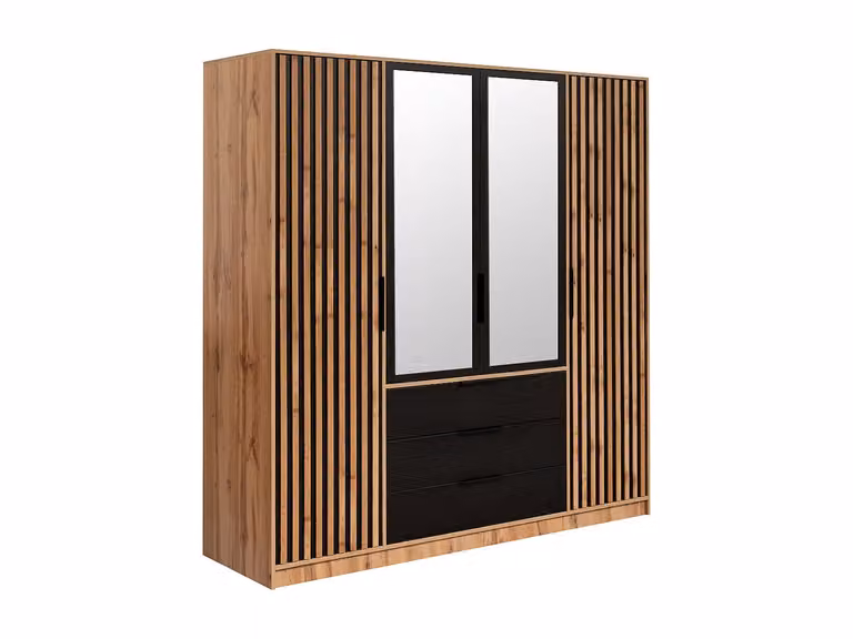 Armario LIRMADA de 4 puertas y 3 cajones con espejo, color marrón y negro, An: 196 cm, Al: 200 cm, P: 58 cm