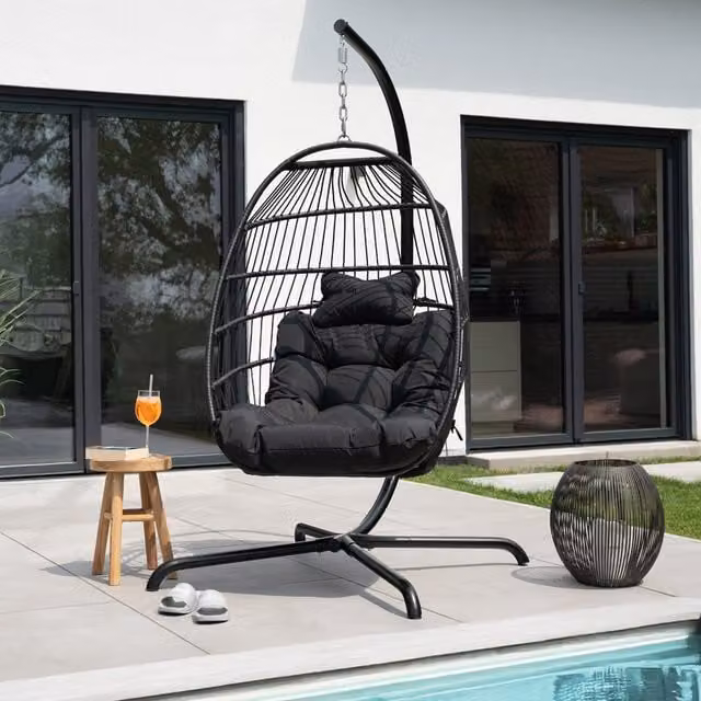 Silla colgante LOMA de Home Deluxe, modelo huevo para adultos en color negro con cojines incluidos y estructura de acero con soporte para exterior