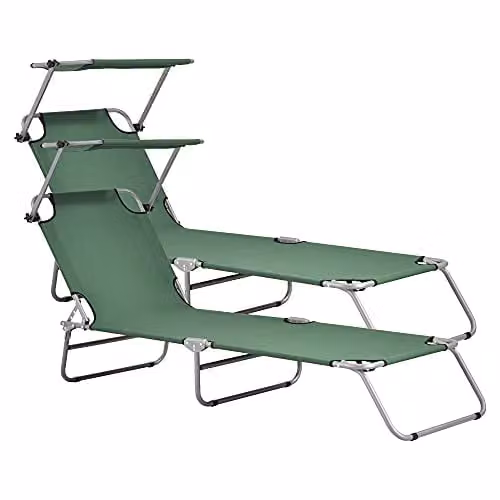 Set de 2 tumbonas plegables casa.pro Argozelo en verde oscuro con toldo parasol y estructura de acero para jardín o playa, An/P/Al: 186 x 55 x 24 cm