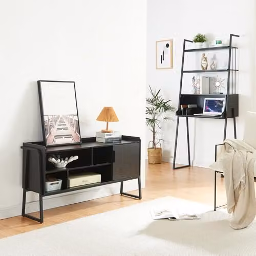 Juego de muebles Storfjord de 2 piezas de en.casa con escritorio y mueble de TV en color negro y estilo industrial para salón u oficina