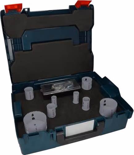 Set de 8 sierras de corona Bosch PRO MultiMat Power Change+ para madera blanda y cartón-yeso en L-Boxx, diámetros de 20, 30, 44, 60, 68 y 114 mm