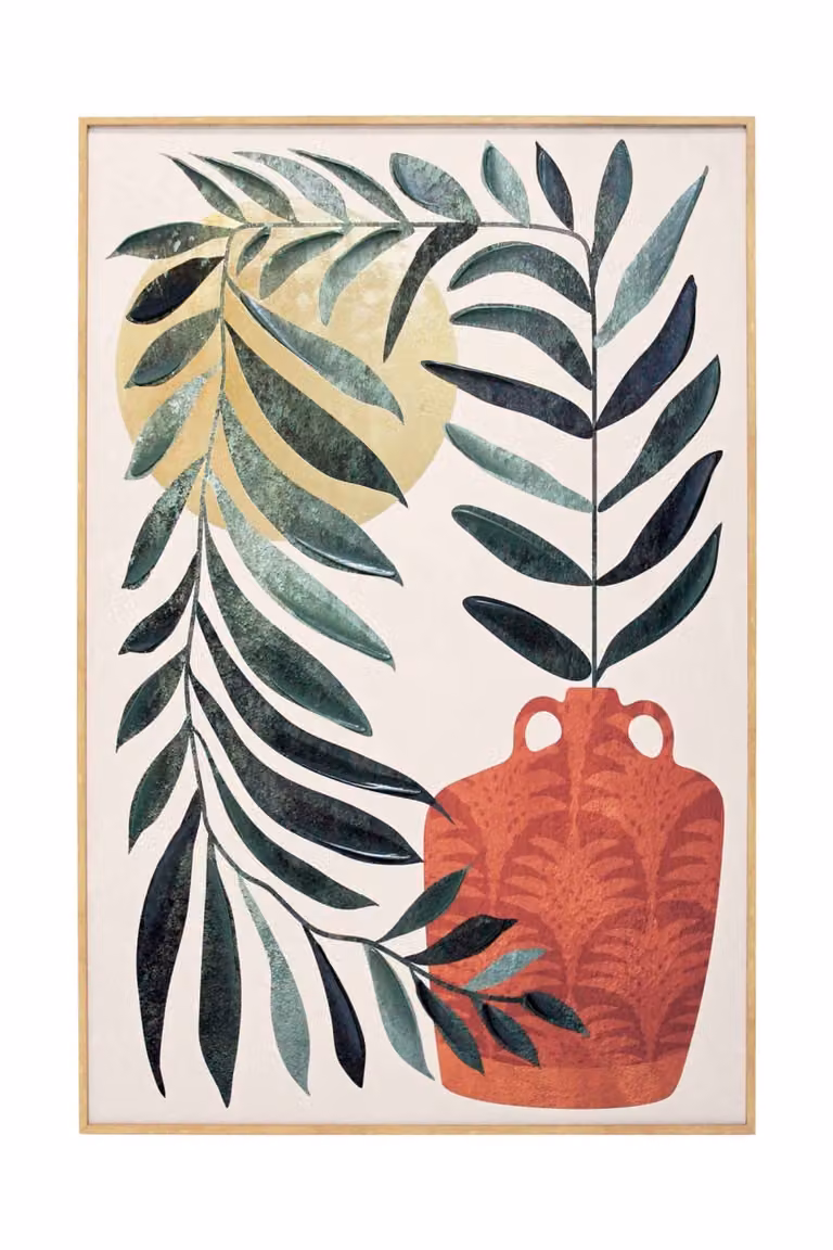 Cuadro botánico moderno de Decorshopping Muebles con hojas y jarrón en verde, terracota y dorado, An/Al: 91 x 61 cm