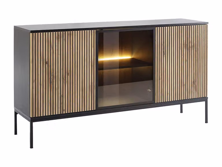 Aparador moderno de 3 puertas con iluminación LED integrada en MDF y vidrio, color negro, marca Ovila, An/P/Al: 151 x 39 x 83,2 cm