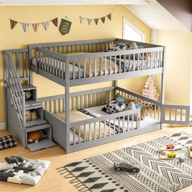 Litera de dos niveles OKWISH en madera gris con escalera de almacenamiento y zona de juego para niños An/P/Al: 200 x 140 x 253,5 cm