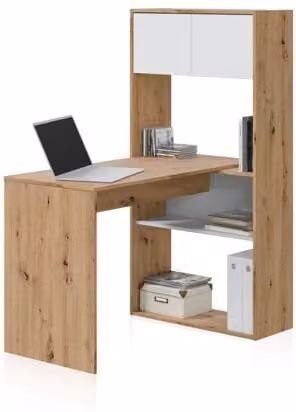 Mesa de escritorio extensible con estantería Duehome en blanco mate y roble nodi, An/P/Al: 140 x 112 x 70 cm