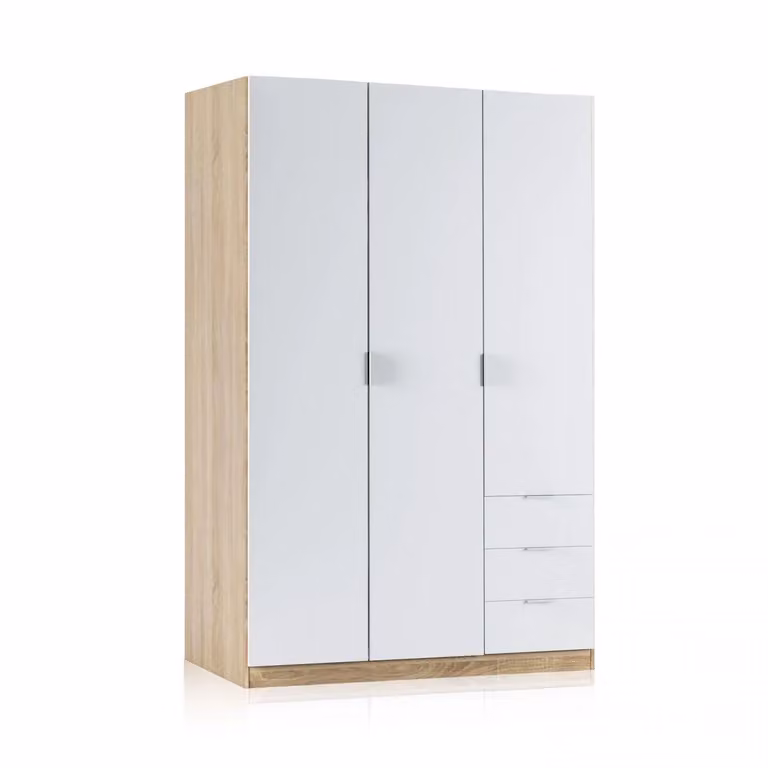 Armario Low Cost Artik de 3 puertas y 3 cajones en blanco mate y roble canadiense An/P/Al: 121 x 52 x 180 cm